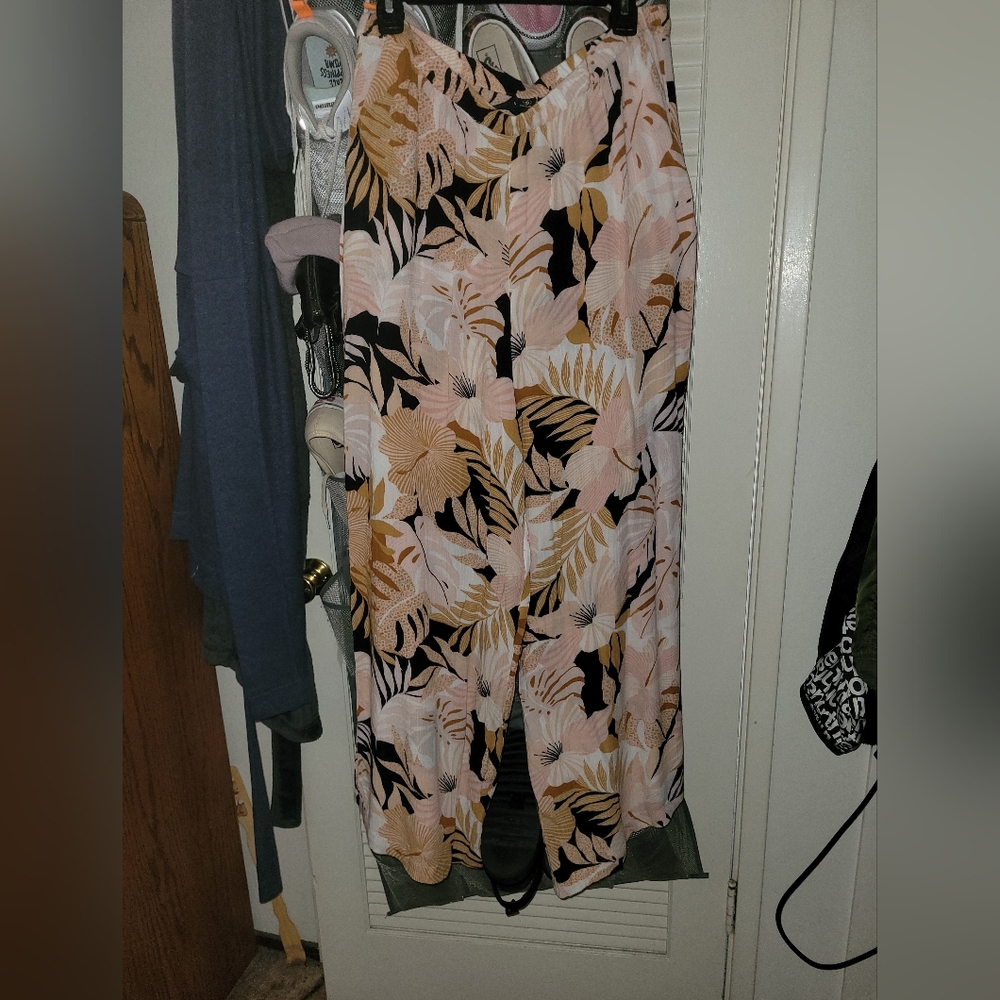 Volcom Tropical Floral Wide Leg Pants - Pink and Black
